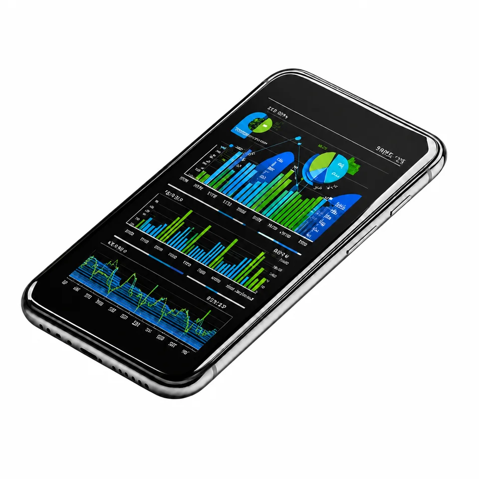 Symbolbild: Smartphone mit Balken- und Kreisdiagrammen zur Datenanalyse